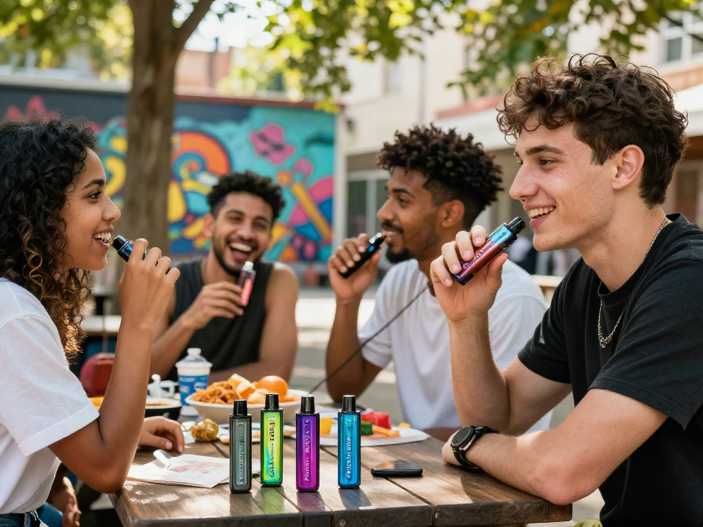 Friends enjoying Hitz infinity Gen 7 disposable vapes outdoors, highlighting community engagement.