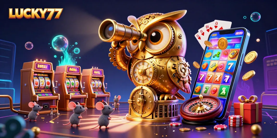 Experience thrilling gameplay with LUCKY77 in a vibrant casino scene filled with animated characters and winning opportunities.