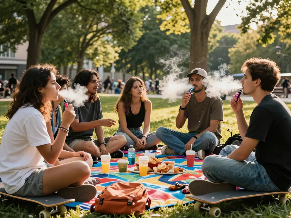 Group of friends enjoying Geek Next vapes in urban park setting