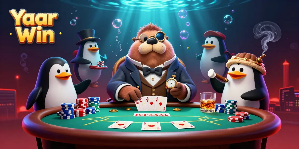 Engaging scene of Yaar Win with a walrus, penguin, and pufferfish playing poker underwater.