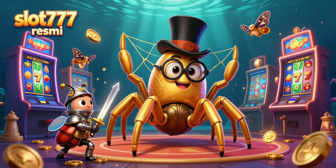 Engage with slot777 resmi through a vibrant 3D casino scene featuring a golden tarantula and beetle knight.