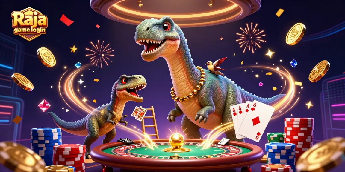 Join the fun with Raja game login as vibrant characters play cards under the casino's towering brontosaurus.