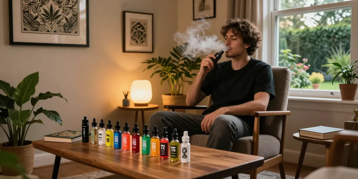 A relaxed individual enjoying THC vape in a cozy home lounge, surrounded by colorful vape e-liquids.
