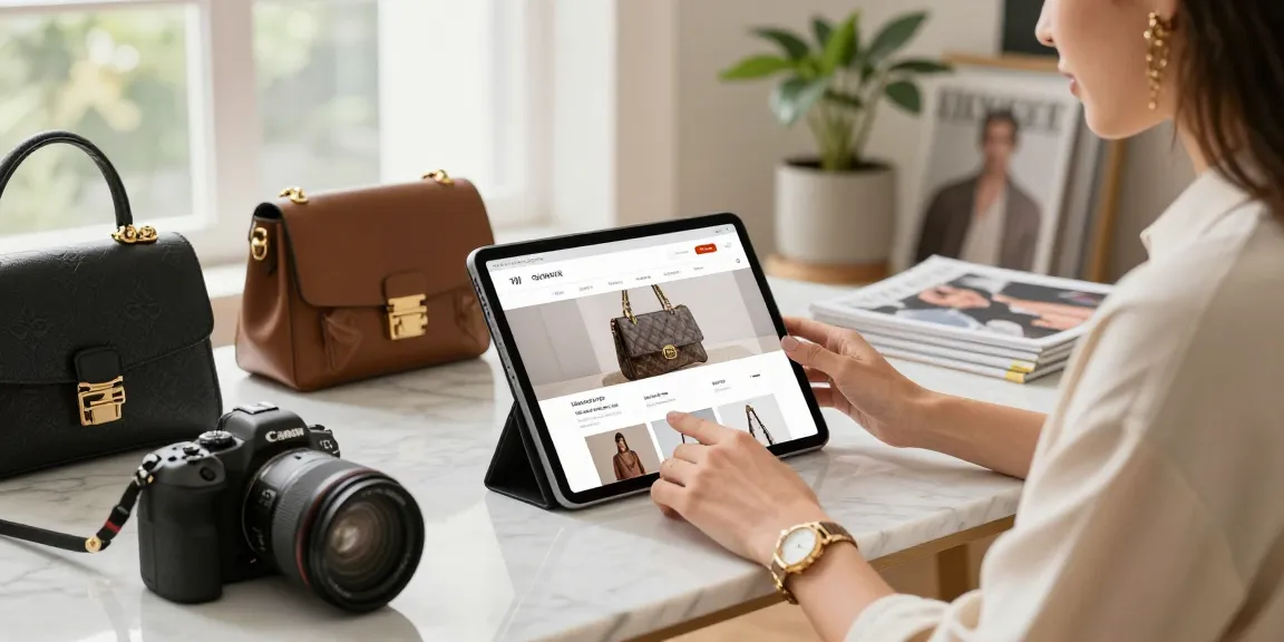 Shopping on a luxury 레플리카 사이트 featuring stylish handbags and shoes.