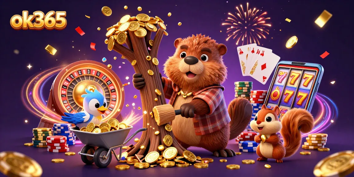 Experience excitement with ok365 as a beaver collects golden coins, surrounded by vibrant gaming elements.
