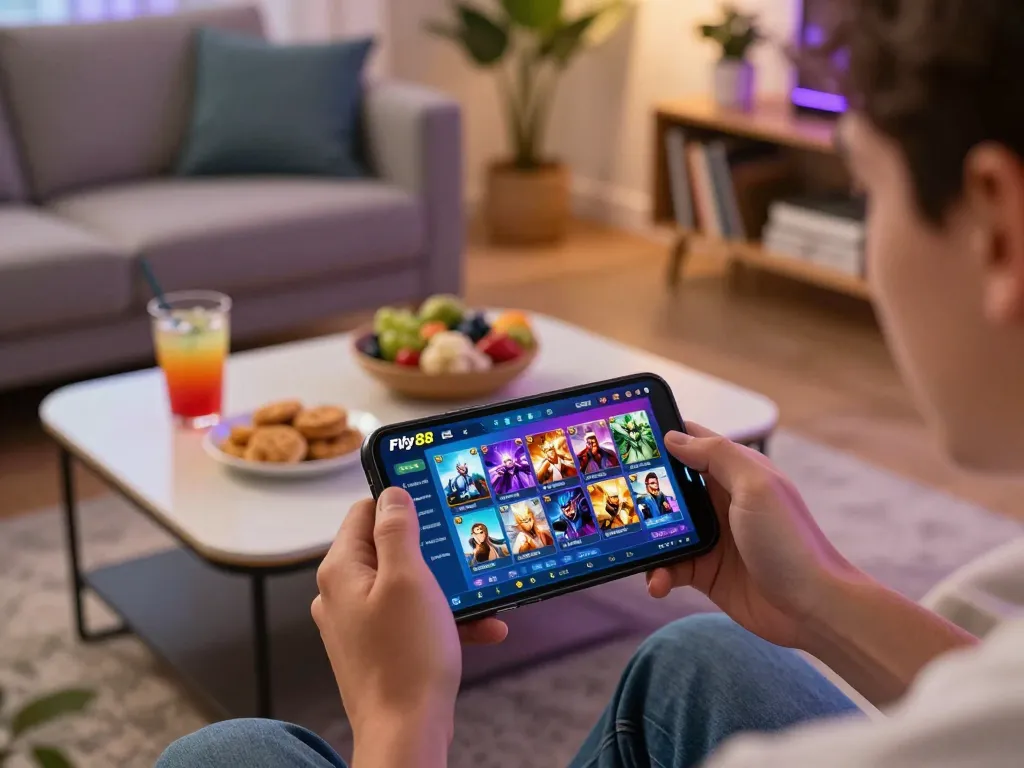 Play poker online using nhà cái fly88 platform on smartphone in cozy living room.