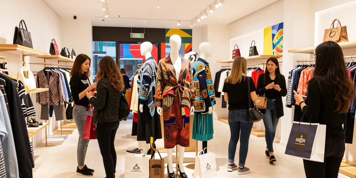 Fashionable shoppers evaluate luxurious 레플리카 items in a vibrant retail store environment.