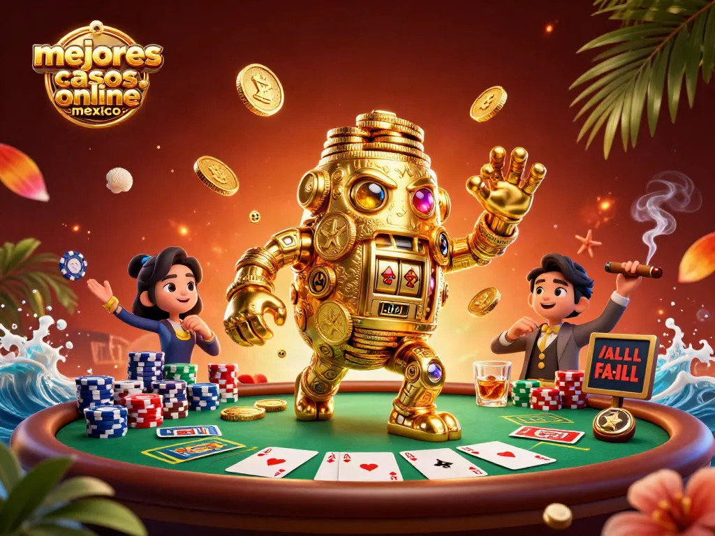 Mejores casinos online en México: juego en un ambiente vibrante con un golem dorado y mesas de póker.