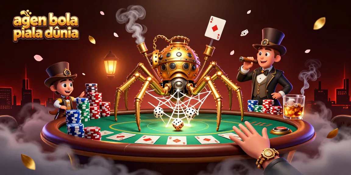 Experience the thrill of agen bola piala dunia with a whimsical steampunk spider catching dice, surrounded by poker elements.