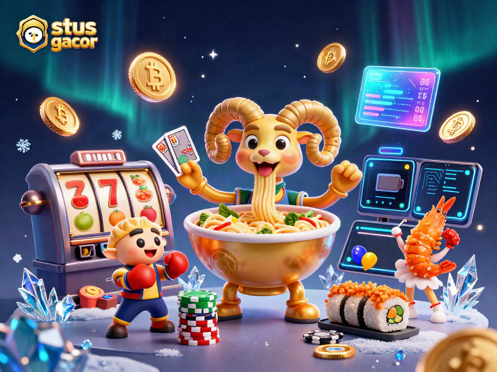 Ilustrasi situs slot gacor dengan karakter konyol yang menang kartu dan koin berkilau.