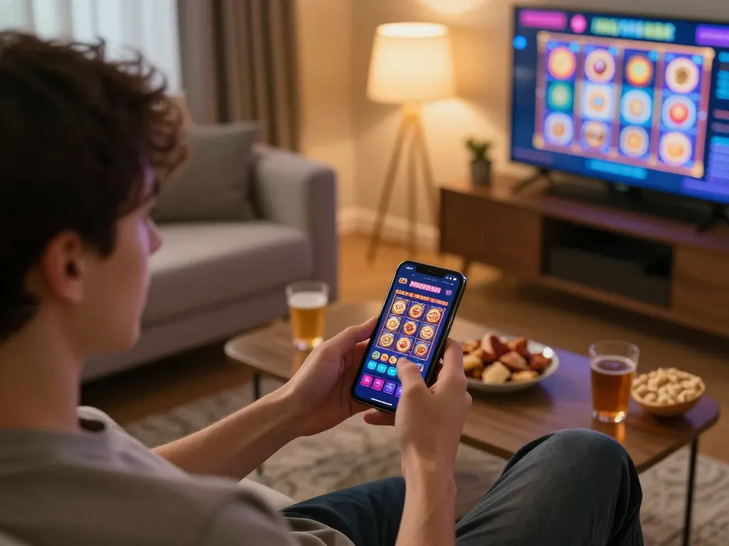 Person playing 99win casino slots on a mobile device in a cozy home setting