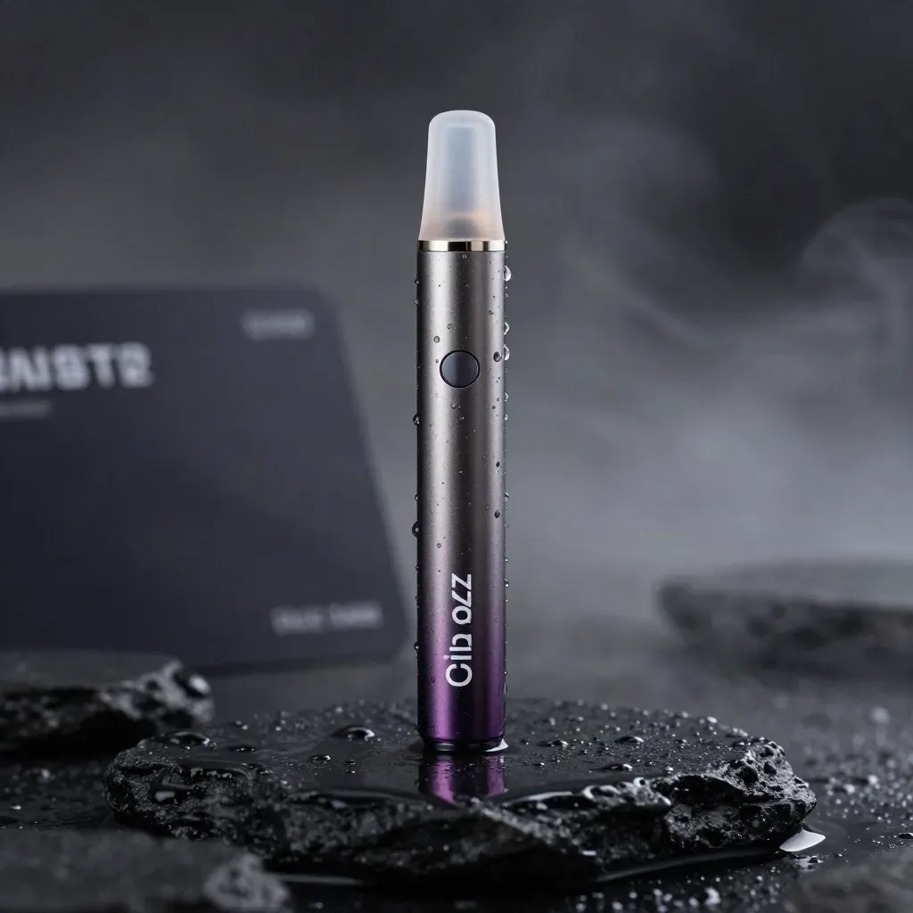 Blue razz CBD disposable vape rising from wet black stone with mist and plum highlights.