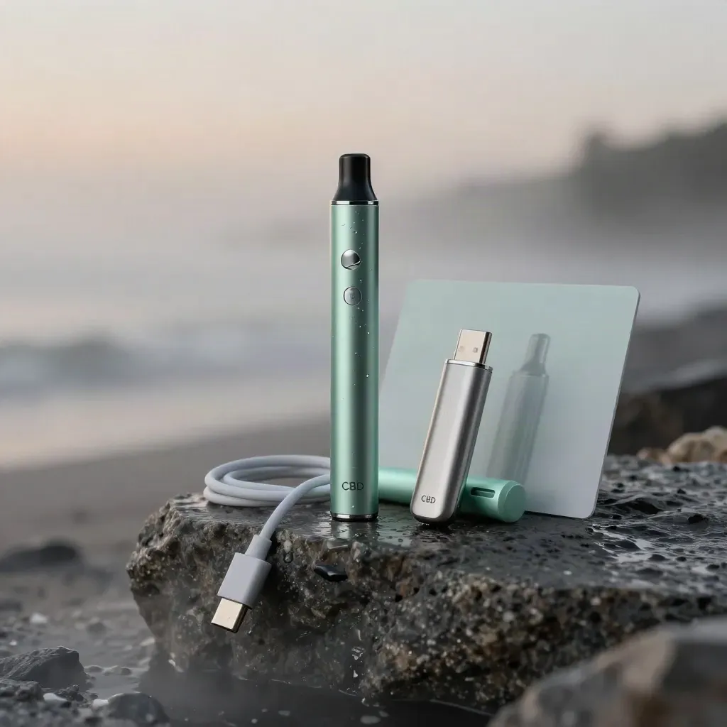 Mint CBD vape starter kit on a foggy shoreline with silver accessories and blue-hour mist.