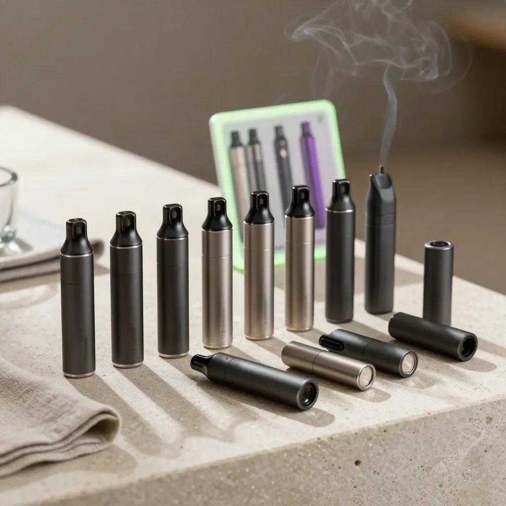 Unbranded vape bundle with disposable, cartridge, pod and charger on stone counter