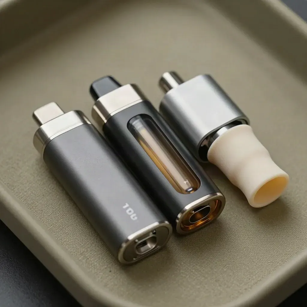 Opened vape starter kit parts in a premium macro fan on a khaki tray.