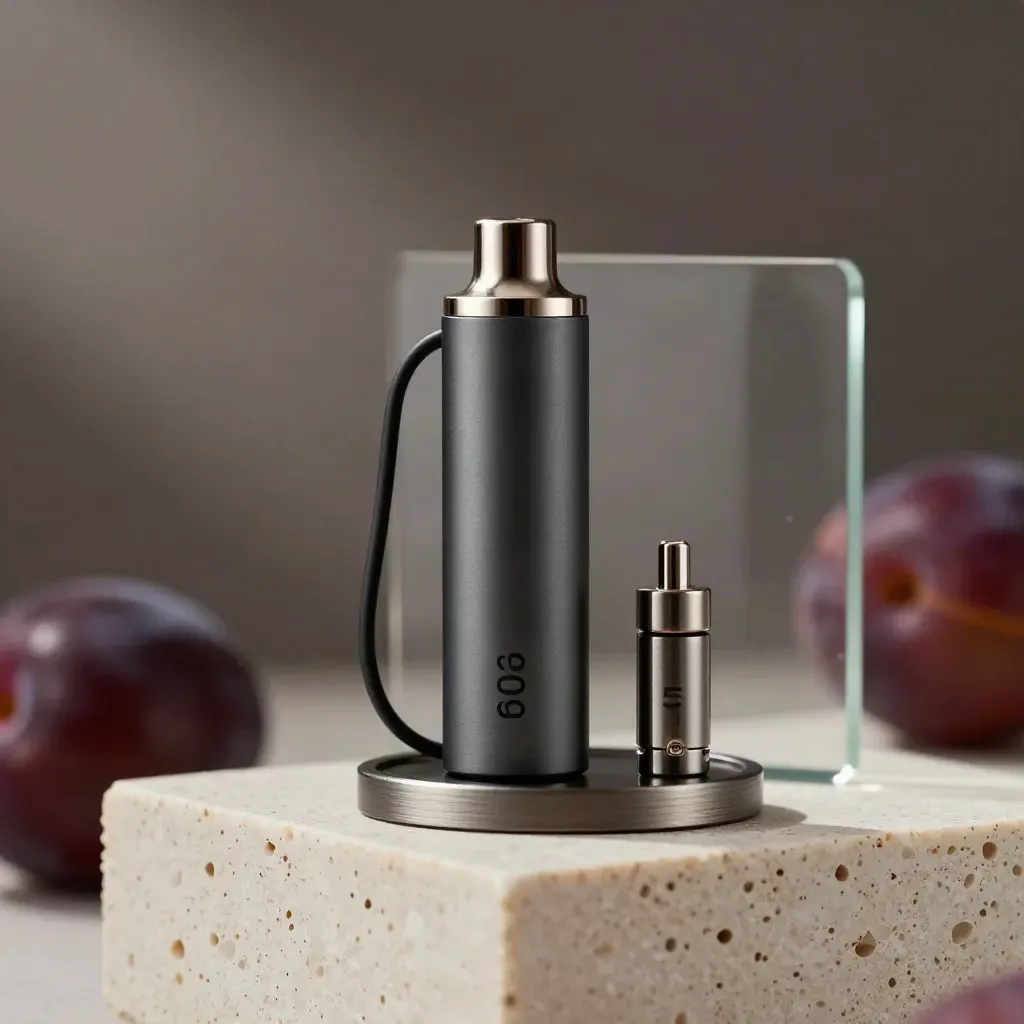800mAh vape battery with cable, cap, cart and dock on travertine