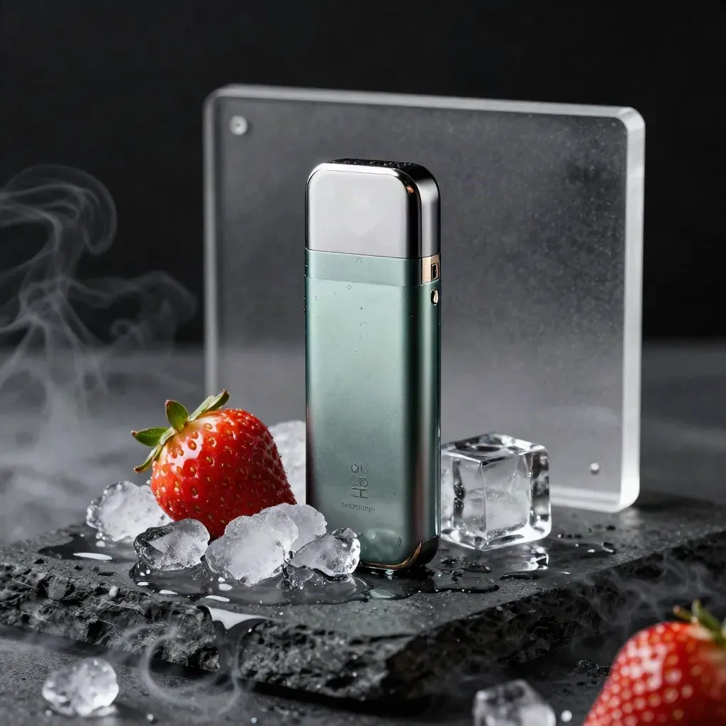 Strawberry CBD disposable half-buried in ice with leaves, glass cube and cold mist.