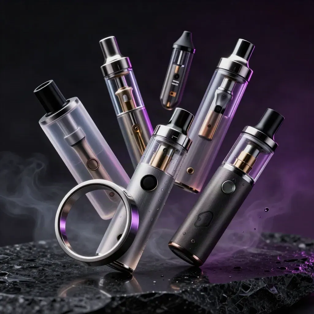 Macro burst of vape cartridges and pods with metallic rings on a dark studio surface.