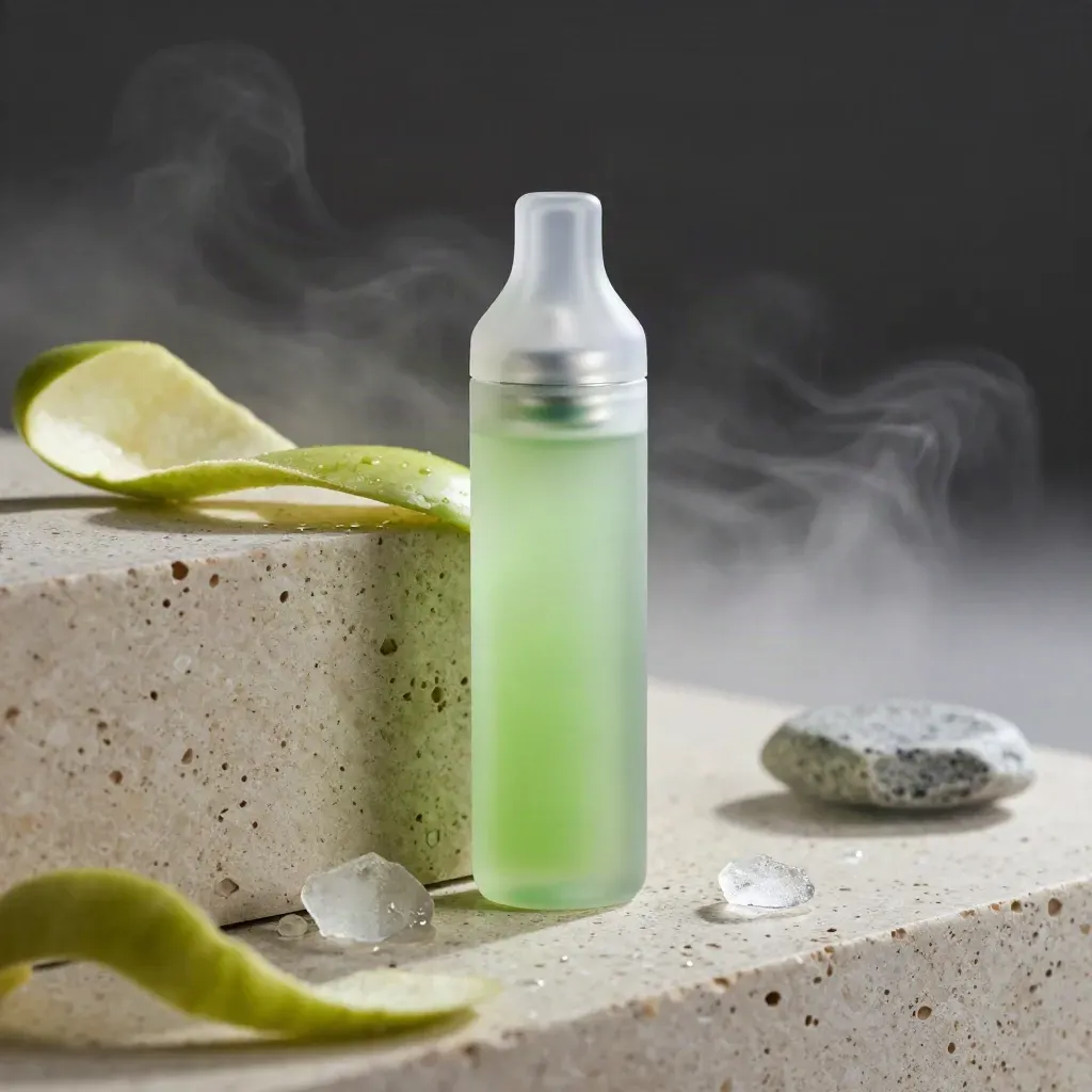 Frosted disposable vape with apple skin, ice chips and stone in cool soft light.