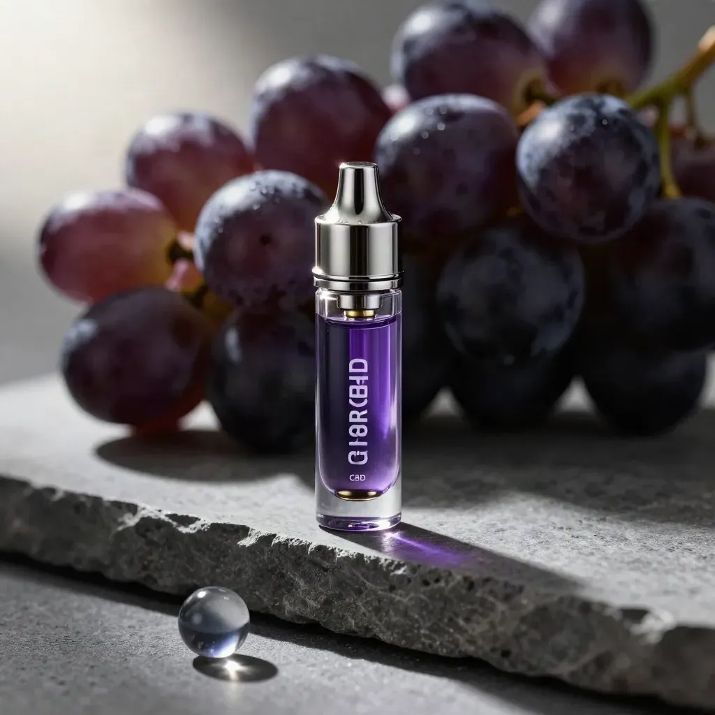 Macro of a clear grape CBD cartridge with violet liquid beside dark grapes and stone.