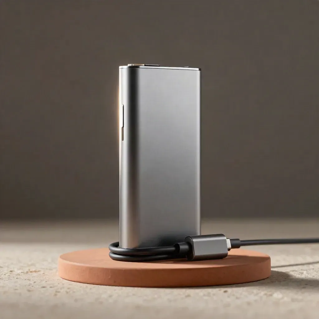 510-thread battery, USB-C cable and dock on terracotta with silver rim light