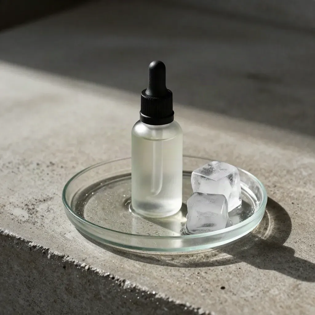 High three-quarter flatlay of a menthol e-liquid bottle with ice cube on khaki concrete.