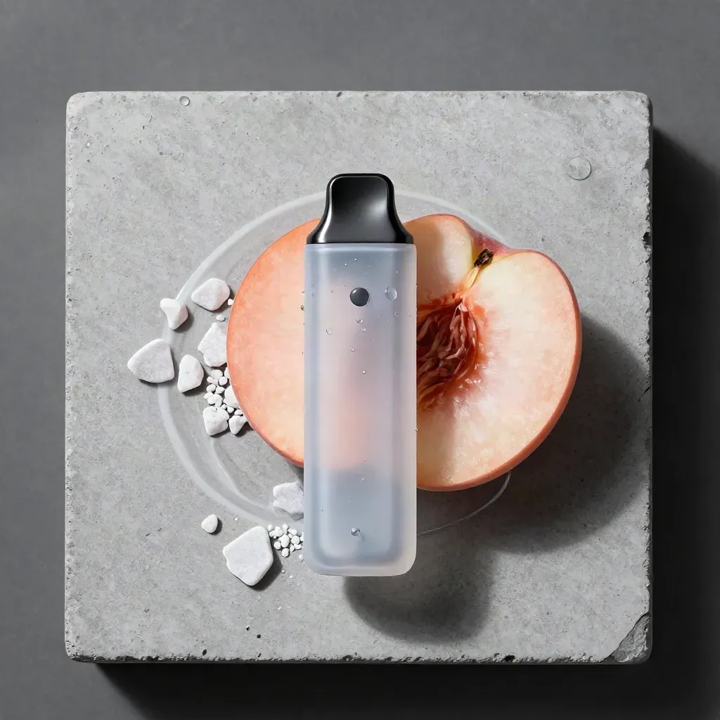 Overhead flatlay of a frosted peach disposable vape with peach slice and stone chips on concrete.