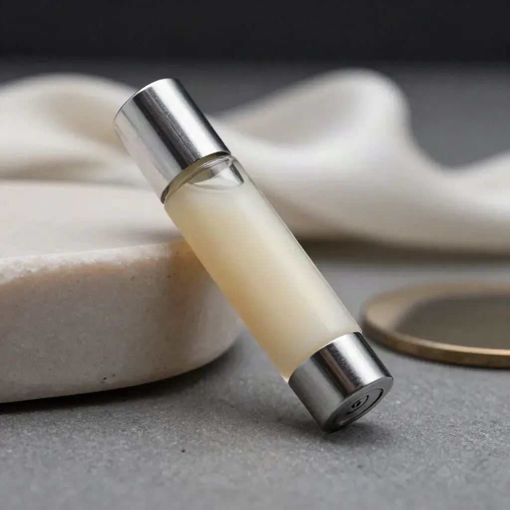 Macro of a vanilla CBD cart with cream stone and satin glass in soft haze