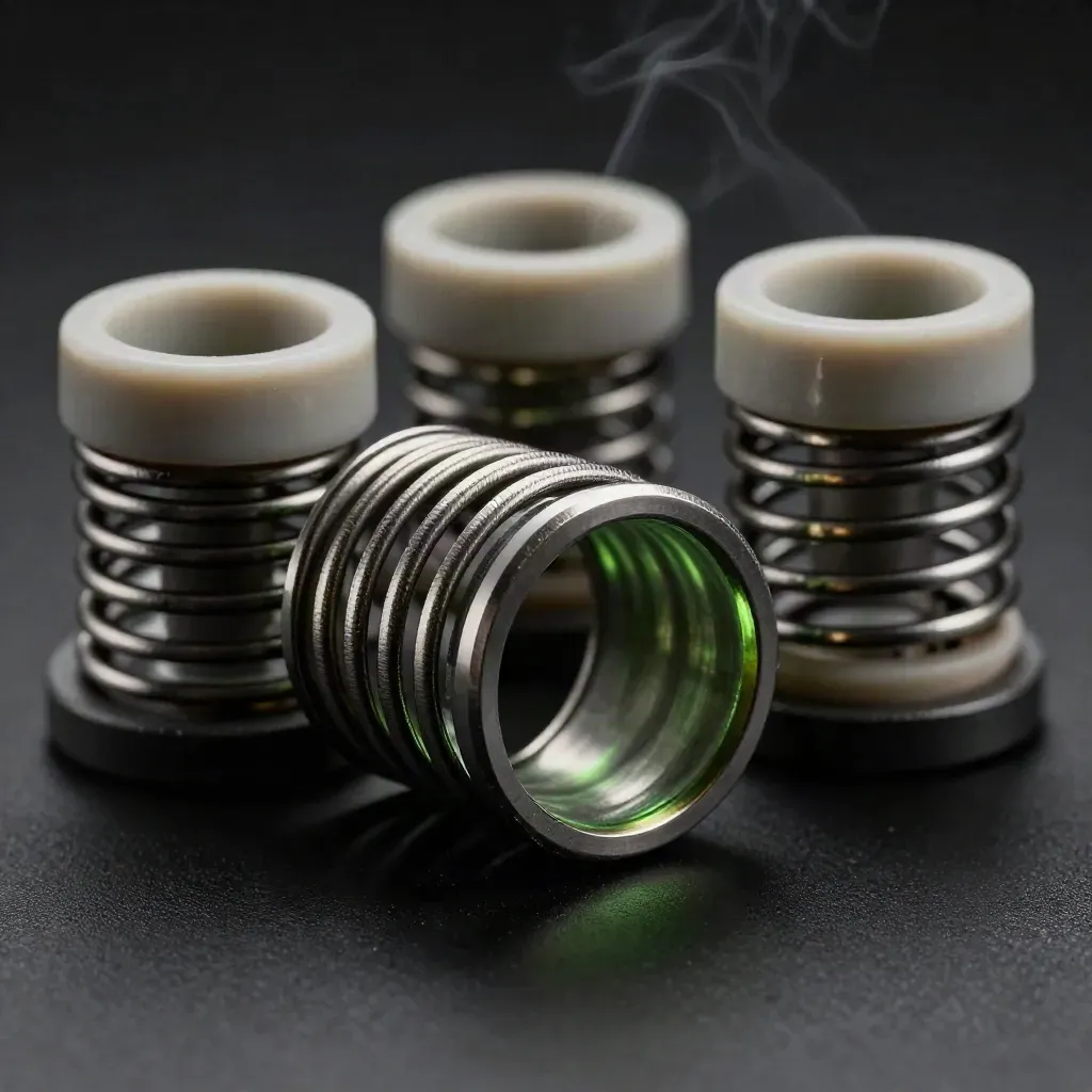 Extreme macro of three vape coils and ceramic cups on a dark studio plinth with neon-green edge light.