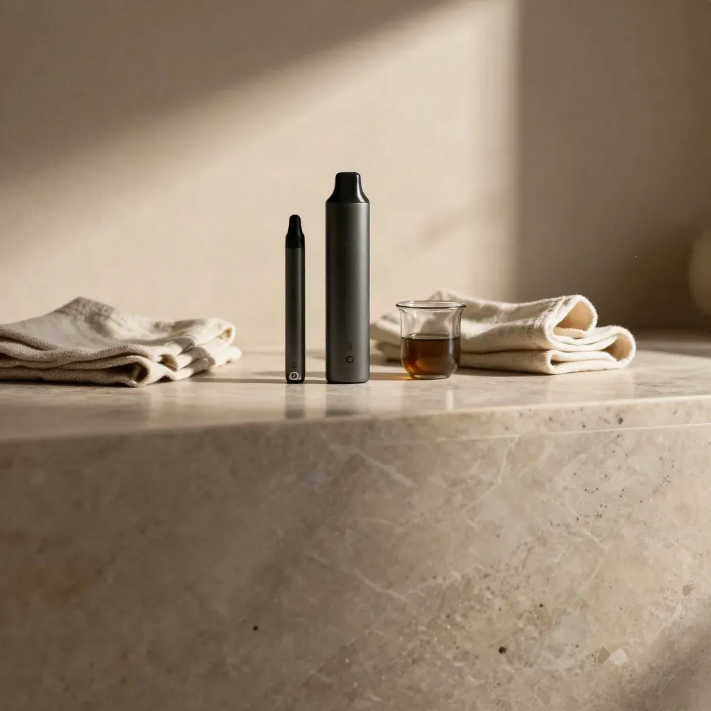 Sunlit marble loft counter with vape pen, glass bowl and linen, calm copy space below