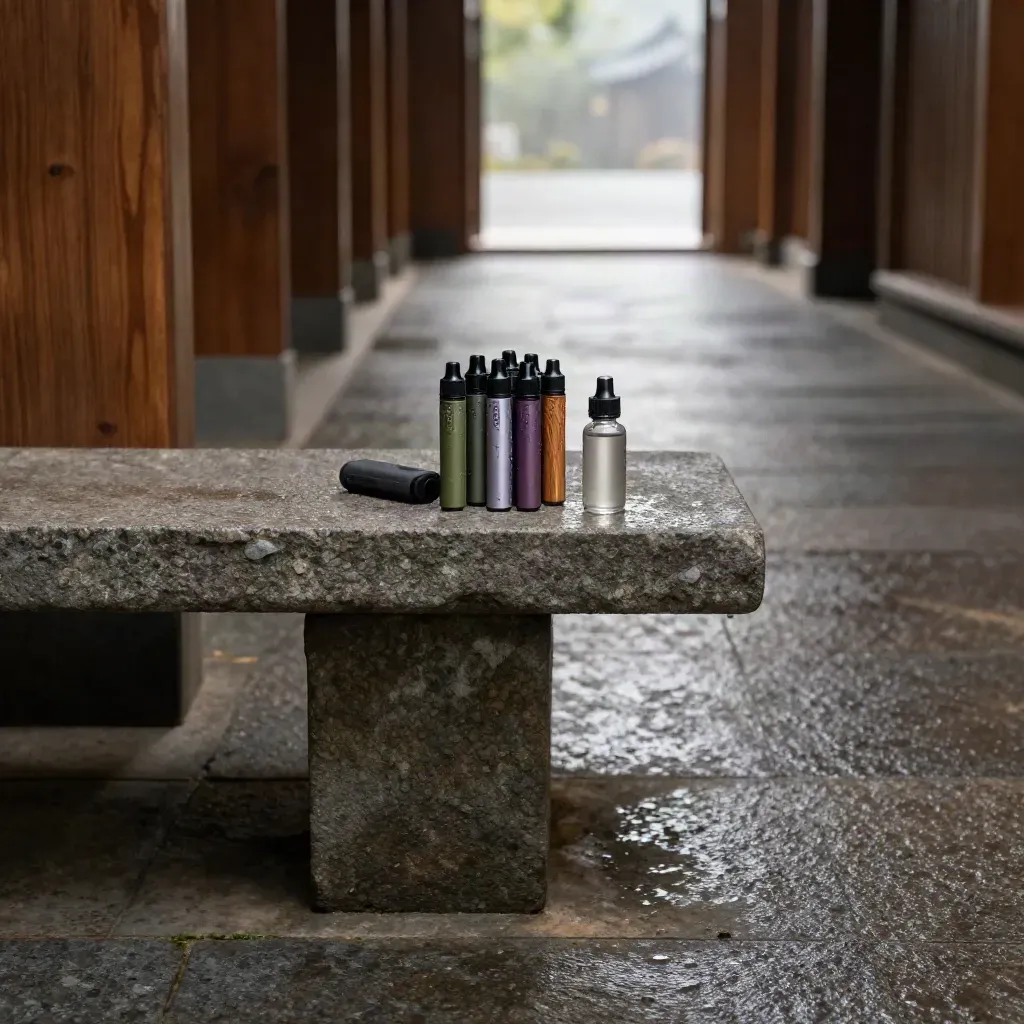 Cedar corridor with stone bench and unbranded vape devices in misty doorway light.