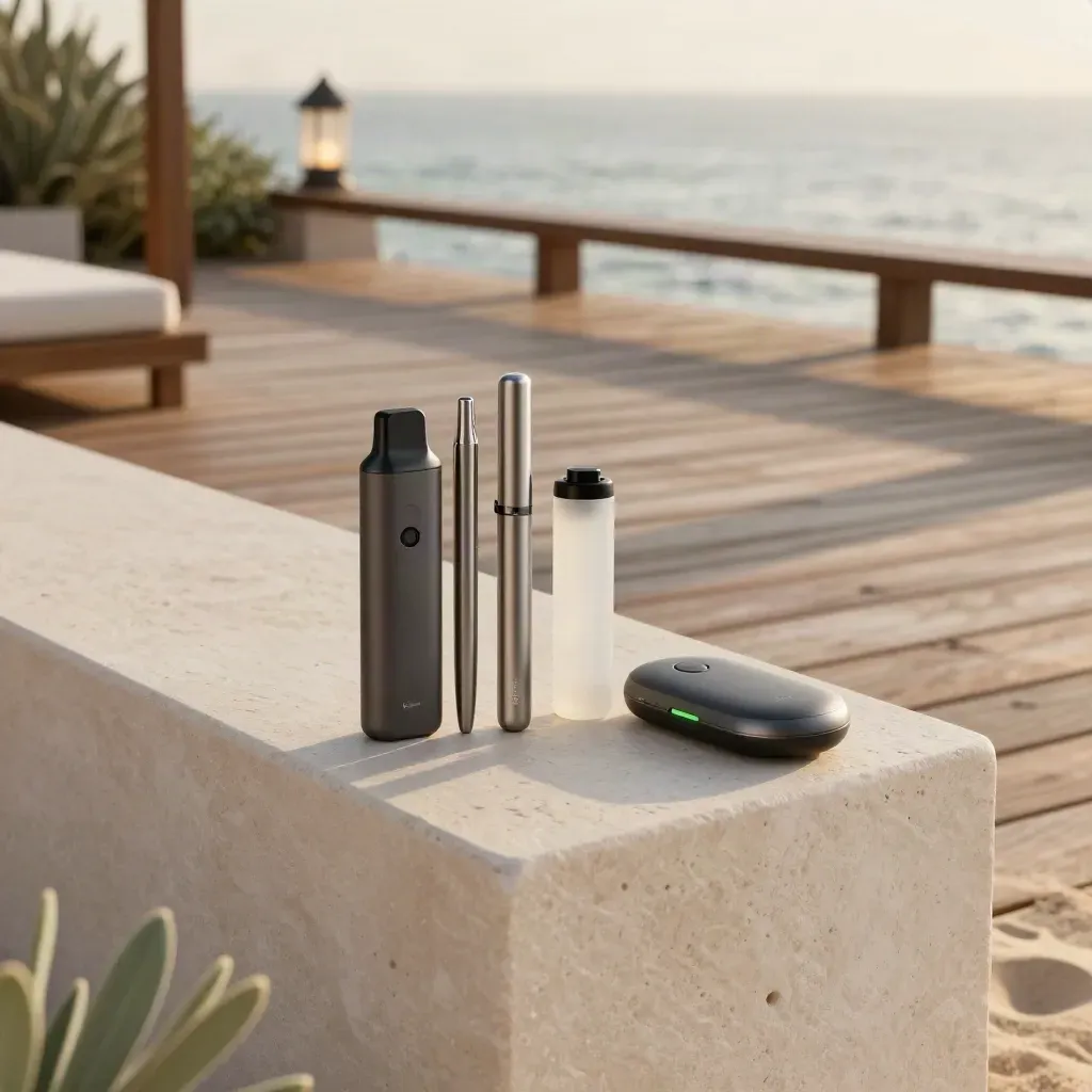 CBD vape starter kit on a teak resort terrace with sea haze and soft lantern light