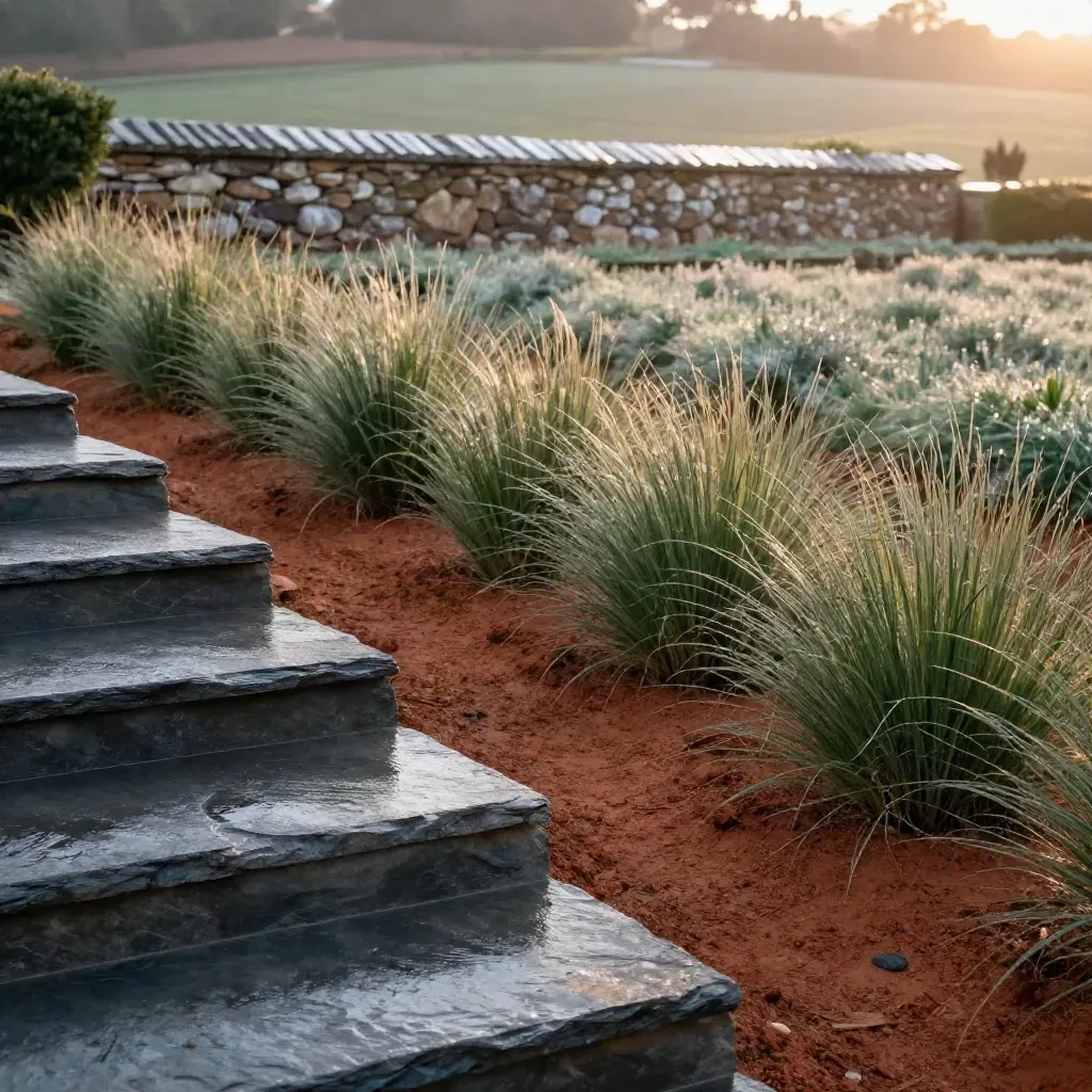 Terraced garden with wet slate, grasses, and a distant stone wall in golden haze