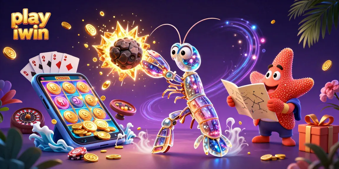 Play iwin in an exciting 3D casino scene with vibrant slot games and winning elements.