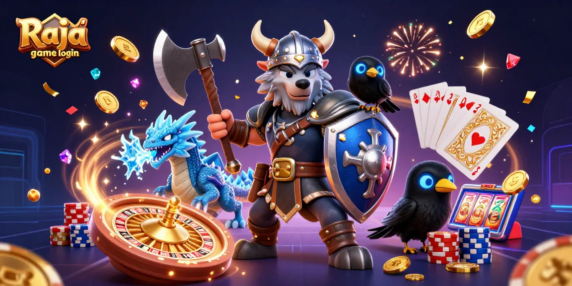 Experience seamless Raja game login with a dynamic 3D casino scene featuring vibrant characters and game elements.