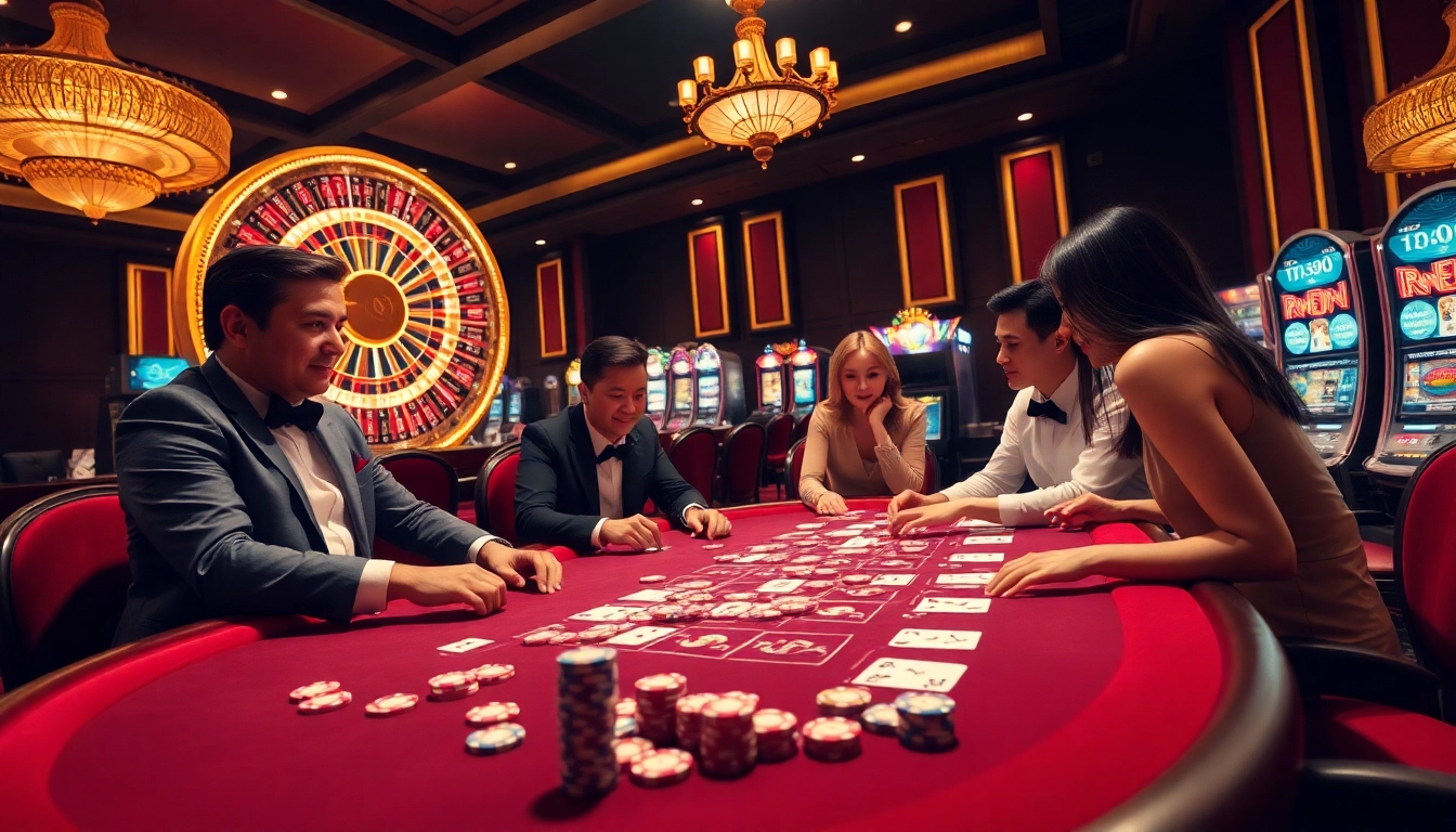 Casino scene with a lively u888 poker table enhanced by engaging players and luxurious elements.