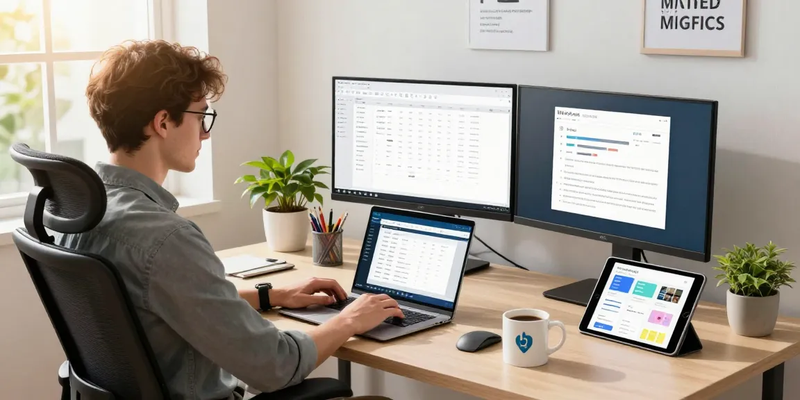 Download WPS Office on a modern laptop in a stylish home office setting with productivity tools.