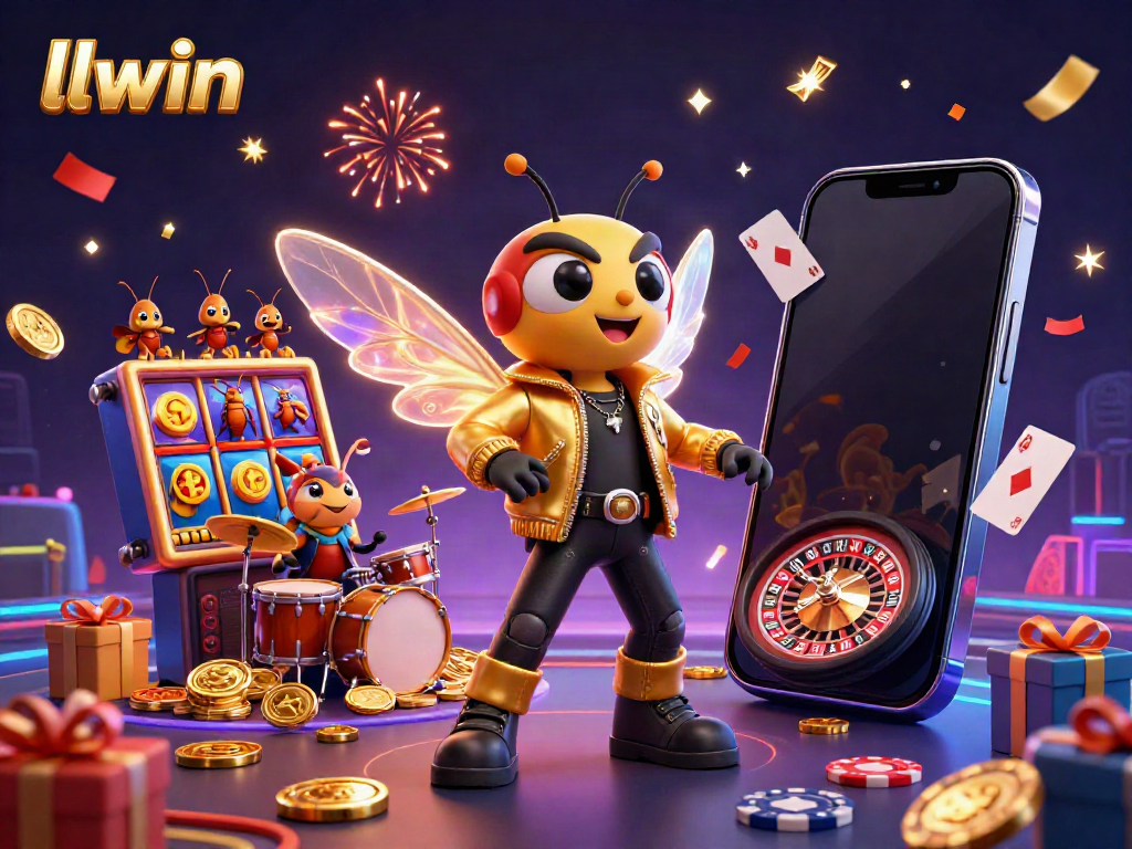 Experience thrilling gaming action with llwin's 3D casino scene featuring vibrant characters and slot games.