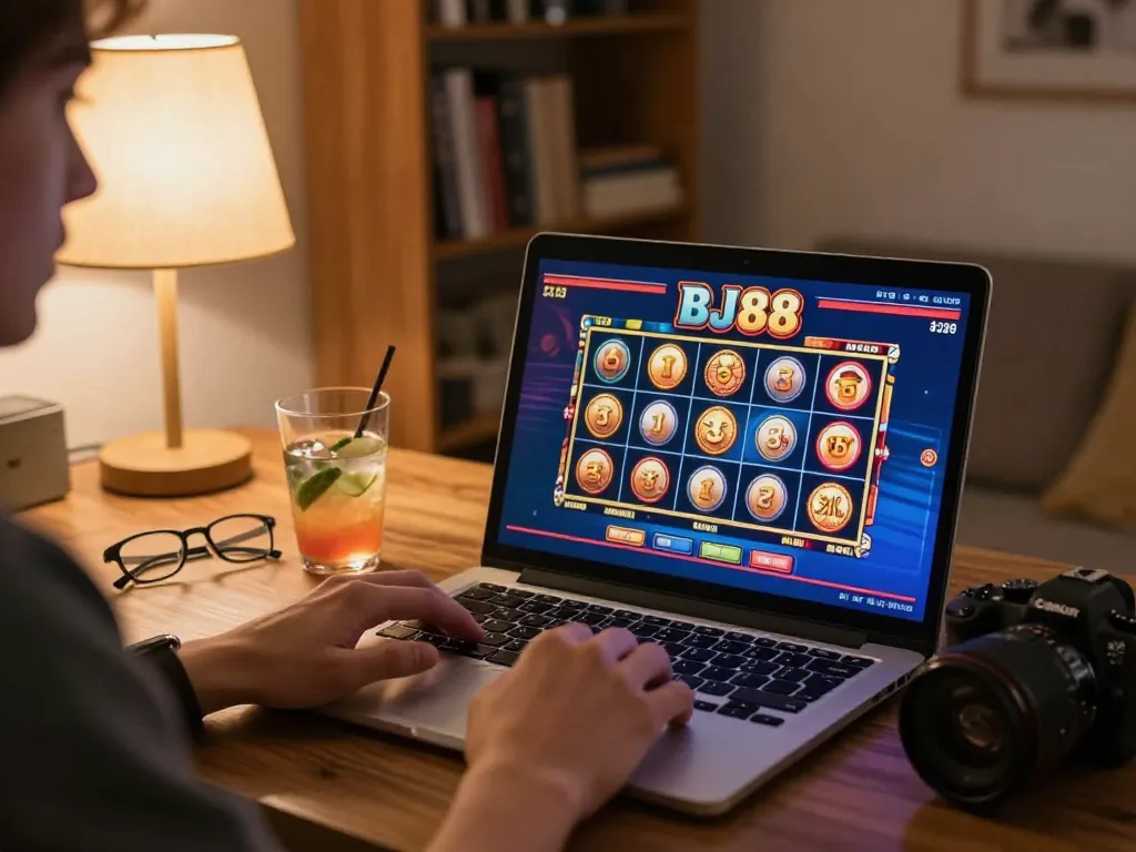 Engaging in BJ88 online gaming at home with vibrant slot machines on the screen and cozy ambiance.