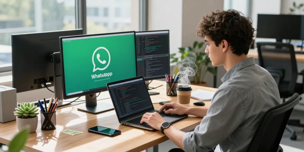 A young professional using WhatsApp電腦版 at a modern workspace with dynamic productivity elements.