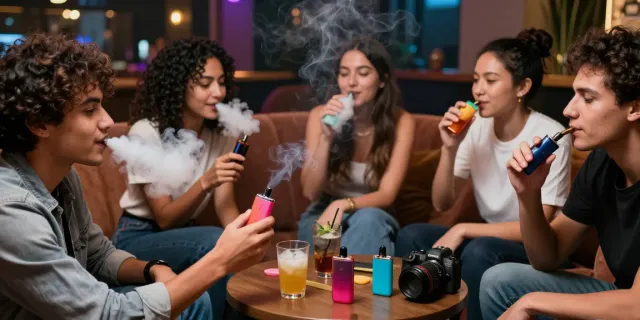 Freunde genießen Al fakher vape 8000 in einer gemütlichen Lounge mit farbenfrohen Geräten und viel Rauch.