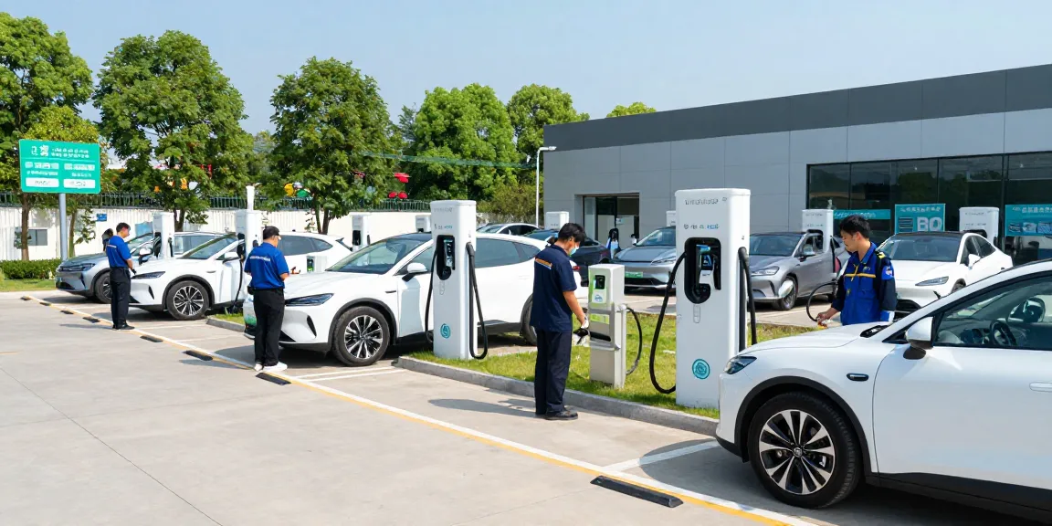 DC fast charger manufacturer equipment at a modern EV charging station, featuring multiple electric vehicles charging.