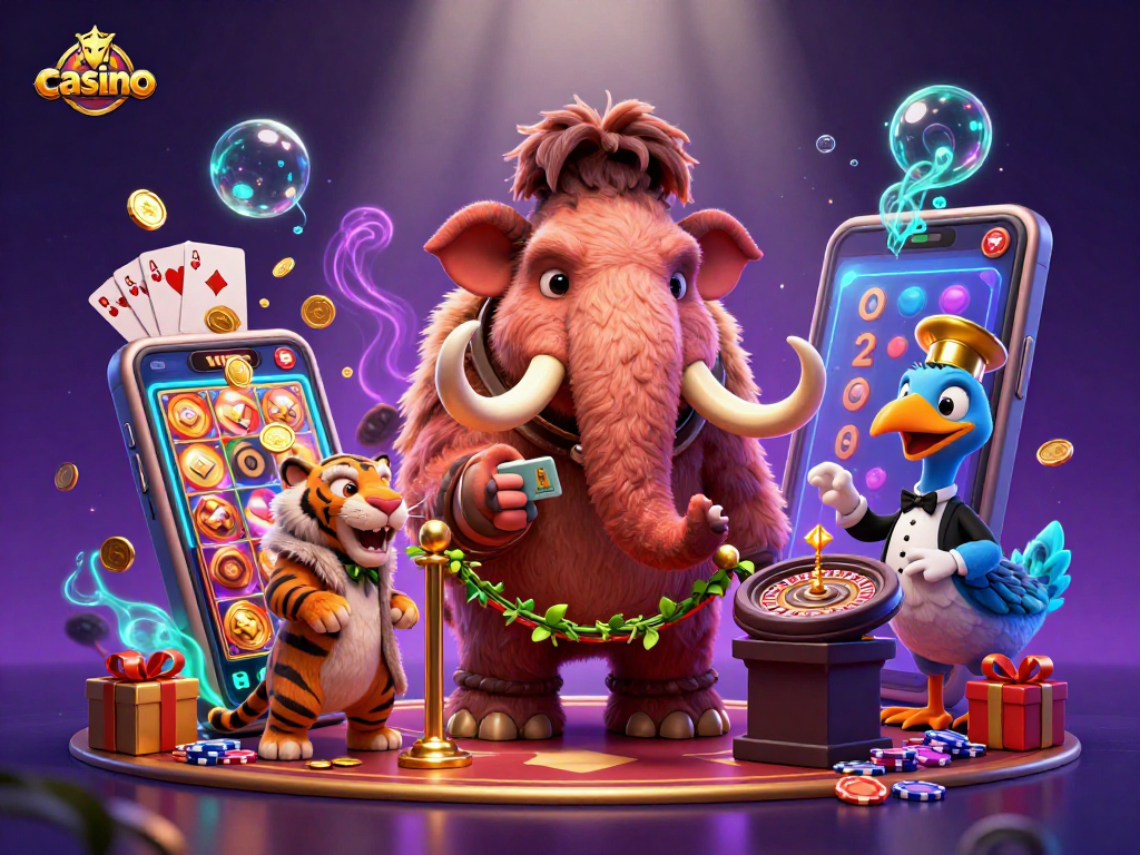 Explore the vibrant casino scene with a woolly mammoth, saber-tooth tiger, and dodo bird at the entrance.