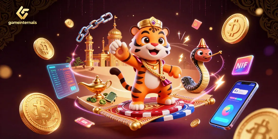 Engage with gameinternals as the Arabian Nights-themed tiger sultan spins poker chips on a glowing carpet in a vibrant casino.