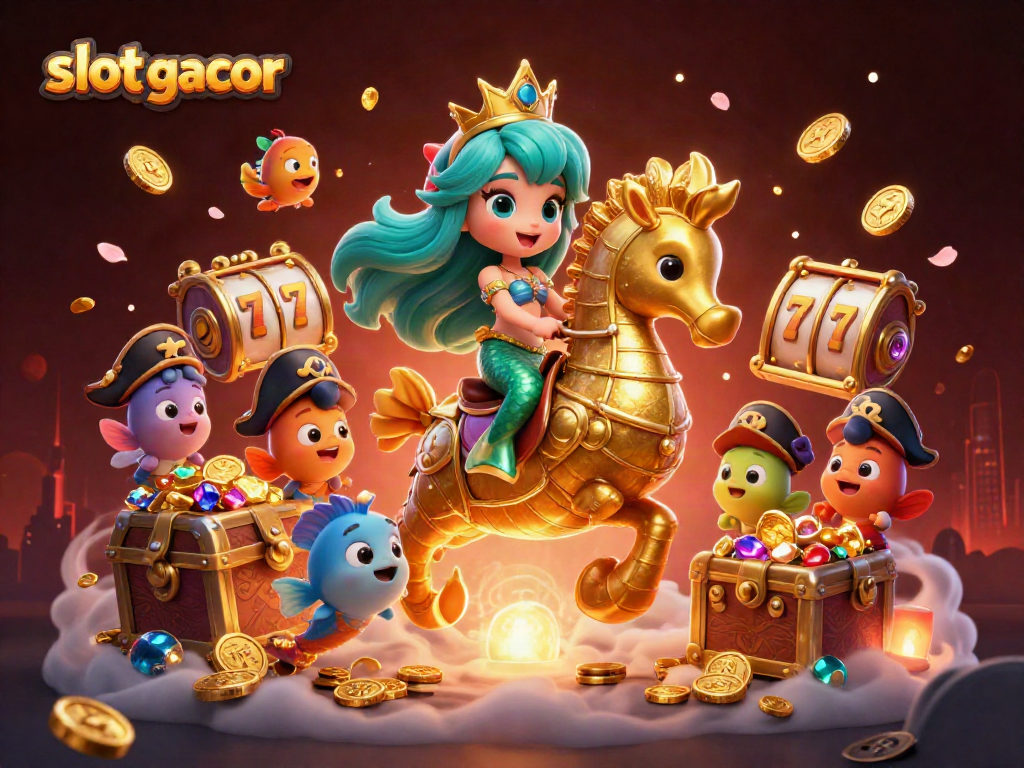 Slot gacor menampilkan putri duyung 3D di dunia kasino dengan harta karun dan simbol keberuntungan.
