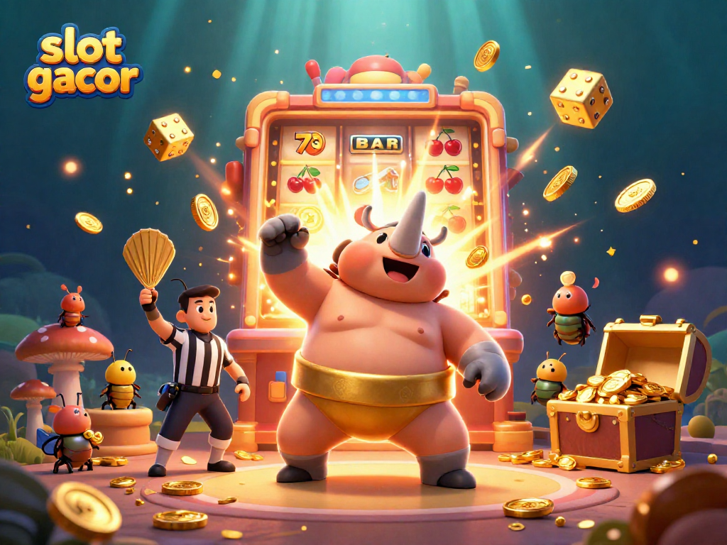 Experience slot gacor excitement with a cartoon beetle sumo champion amidst coins and jackpot symbols.