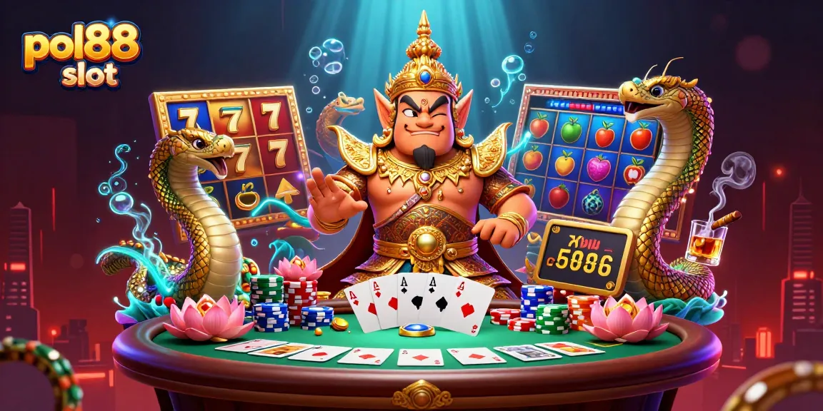 Taruhan slot pol88 yang menampilkan penjaga kuil Thailand dan simbol buah yang berkilau.