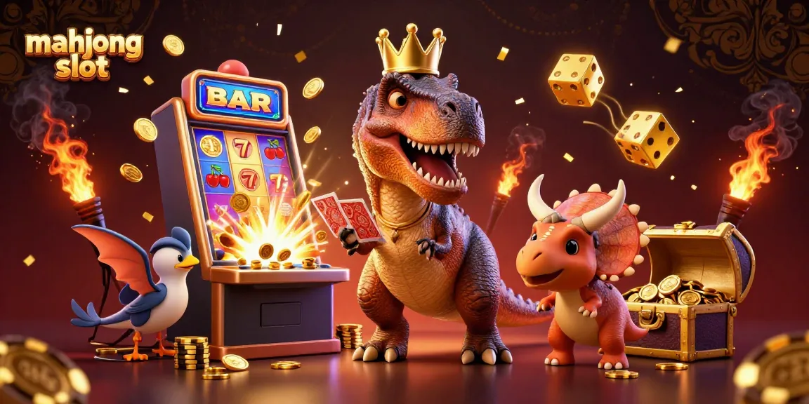 Experience the excitement of Mahjong Slot with a dynamic 3D illustration featuring a playful T-Rex and vibrant game elements.