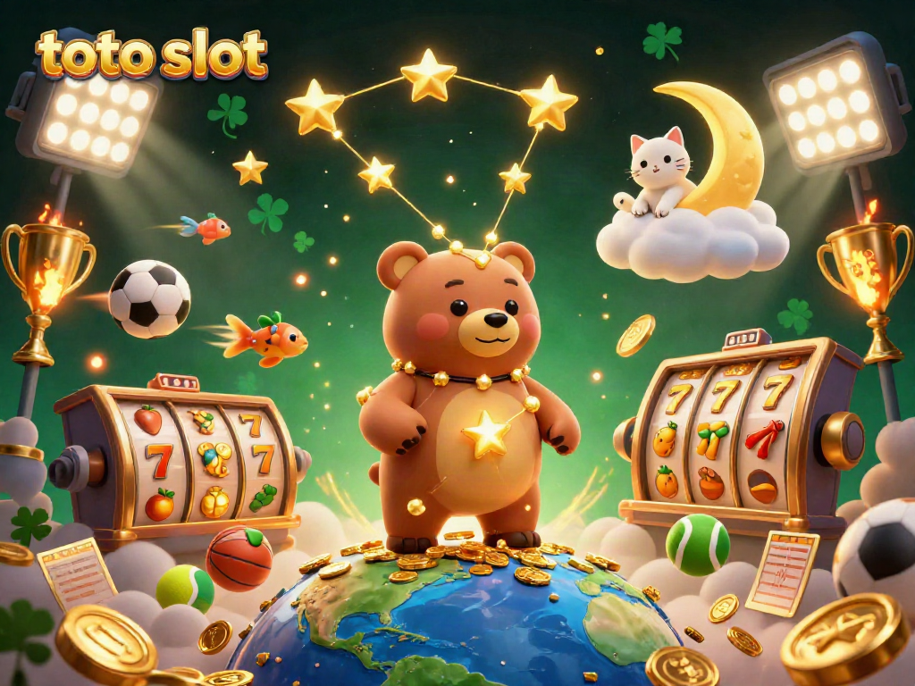 Engage with the thrilling toto slot as a constellation bear scoops coins from Earth amidst 3D animated casino elements.