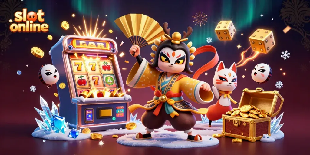 Engage with slot online at the vibrant 3D casino illustration featuring a kabuki warrior and exciting game elements.